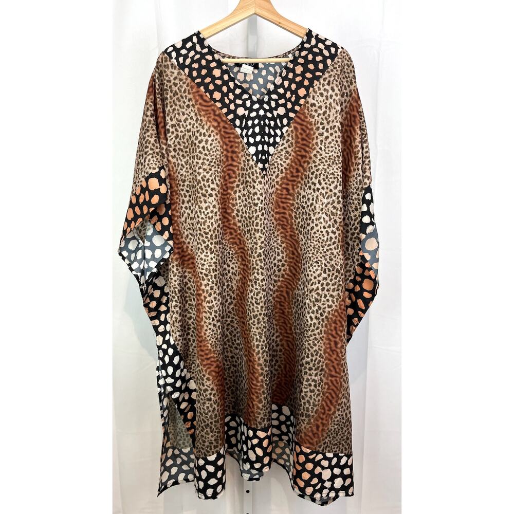 ASHRO One Size mMidi Pullover Caftan Kimono Sleeve Animal Print Brown Black